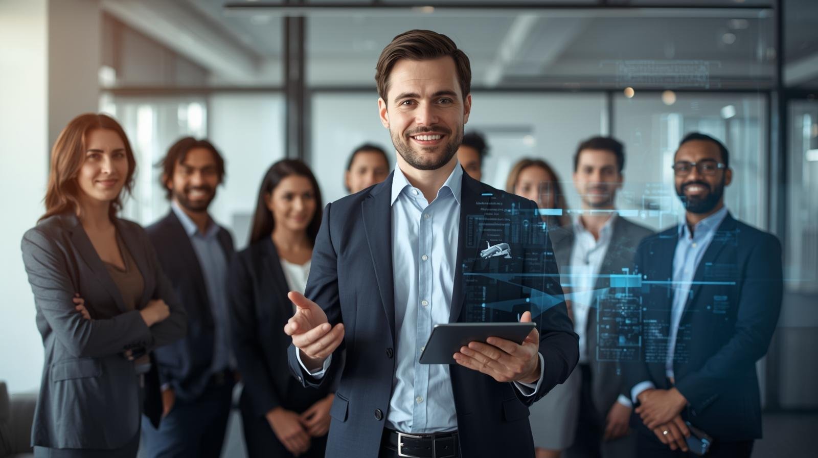 “Logistics leader presenting a plan on a tablet or board, team gathered and engaged behind them. Represents empowered leadership and pathways for growth.”