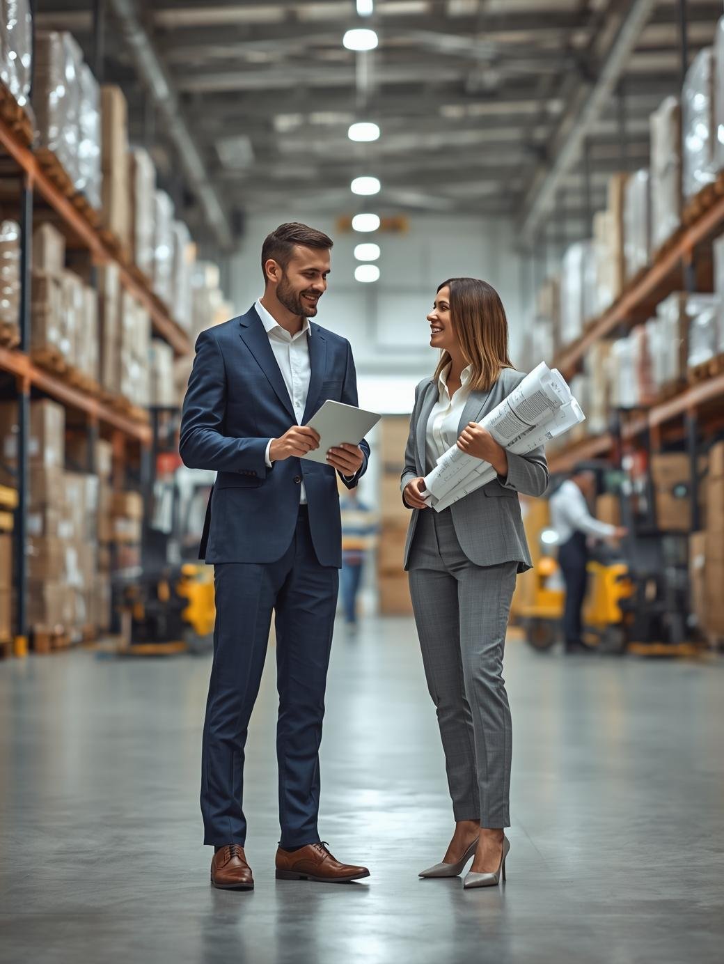 A medium shot portrait captures two professional logistics leaders, a man and a woman, standing with space side-by-side in a brightly lit, clean, and organized warehouse. The man, wearing a sharp business A medium shot portrait captures two professional logistics leaders, a man and a woman, standing with space side-by-side in a brightly lit, clean, and organized warehouse. The man, wearing a sharp business