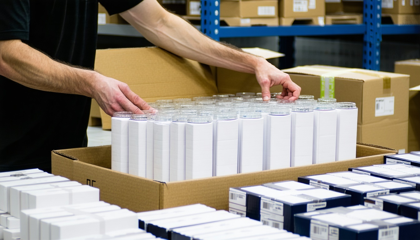 Logistics employee assembling a product kit at a packing stationmultiple items arranged together with organized materials for subscription box or promotional bundle-3