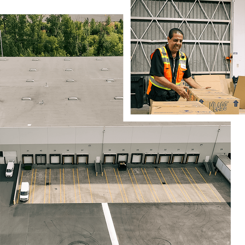 Collage showing the exterior loading docks of a warehouse and a smiling worker handling packages.
