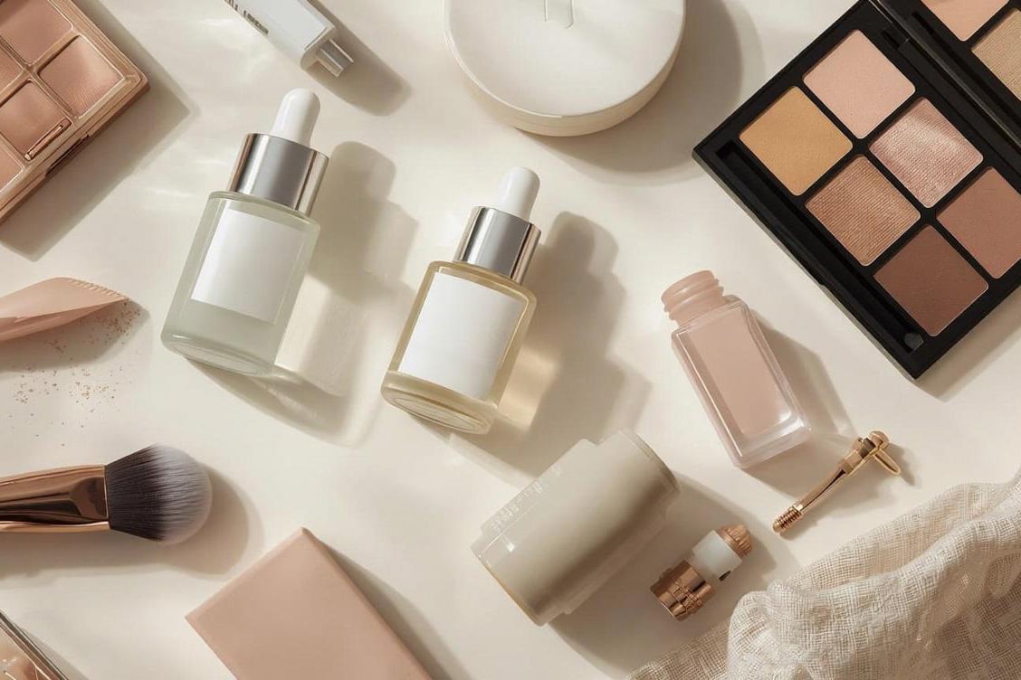 Flat lay of neutral-toned beauty products on a cream surface.