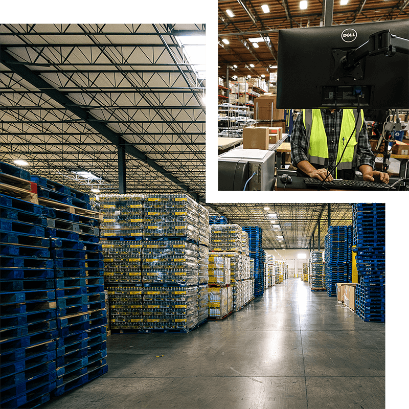 Collage of warehouse inventory and a worker using a computer system for logistics technology integration.