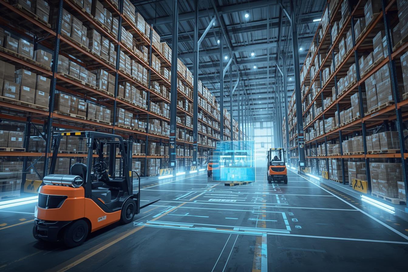 Autonomous forklifts navigate aisles marked with glowing digital floor overlays and holographic data interfaces, illustrating seamless system integration and modern logistics automation.